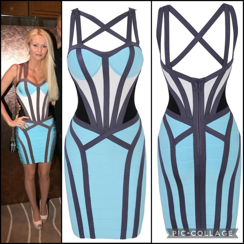 herve leger metallic colorblock bandage dress Herve Leger Metallic Colorblock Bandage Dress in Rose Gold M